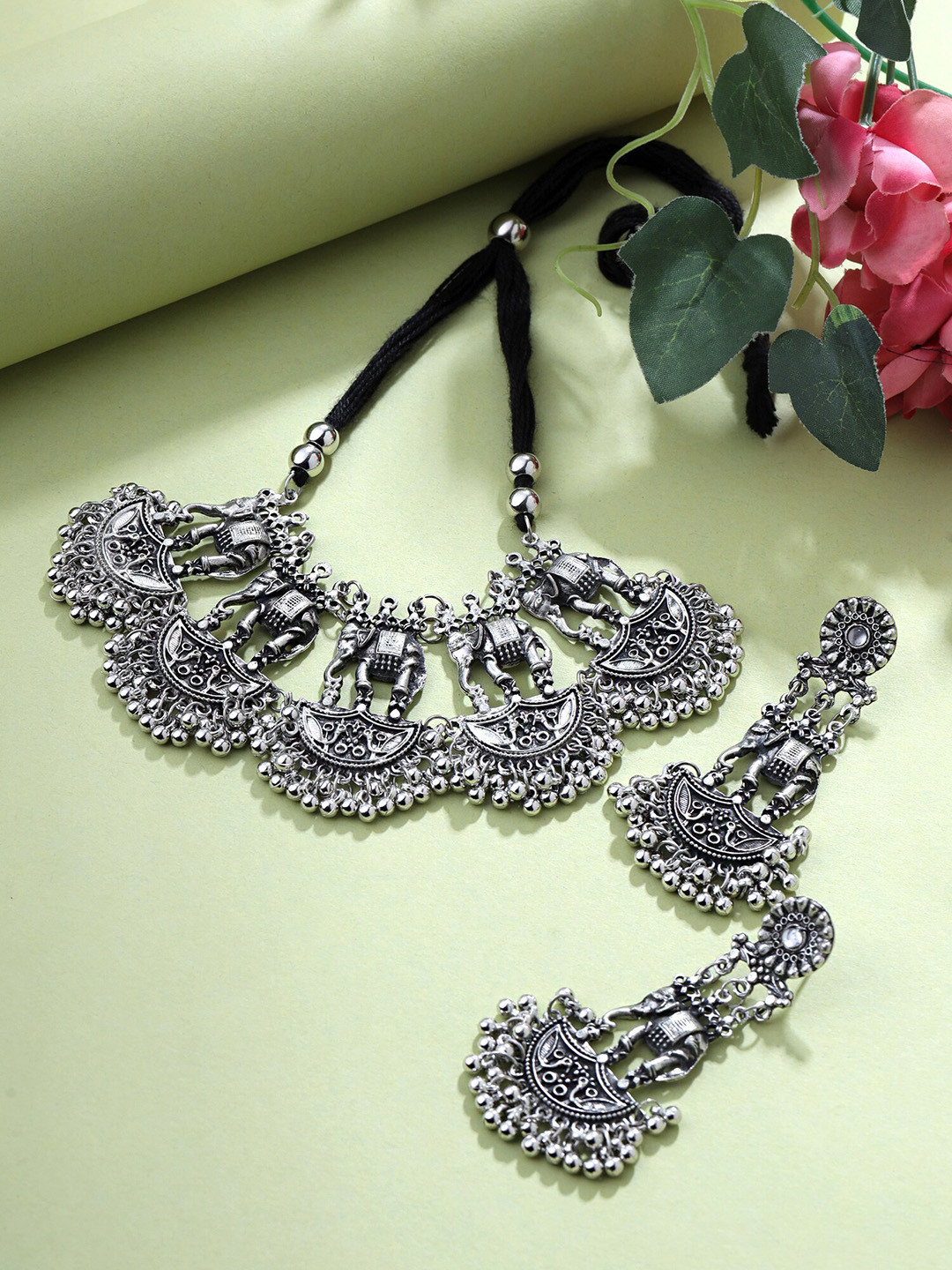 Yellow Chimes Silver Oxidised Elephant designed Ghungroo Studded Choker Jewellery Set