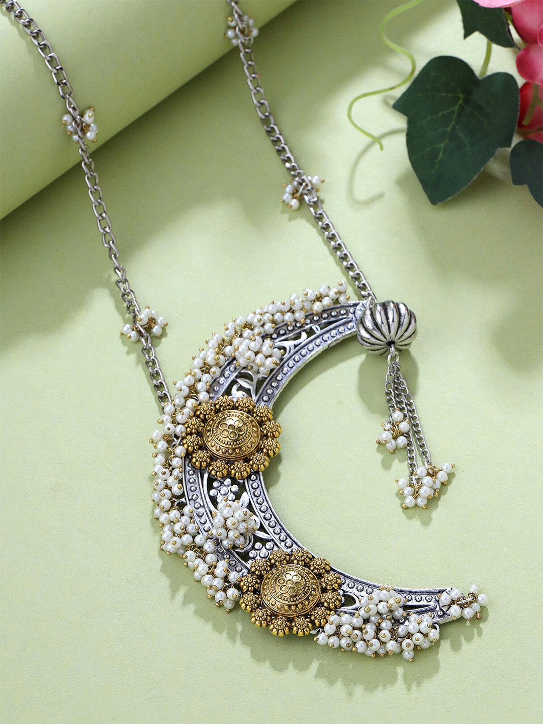 Yellow Chimes Silver Oxidised Moon Designed Moti Beadded Jewellery Set