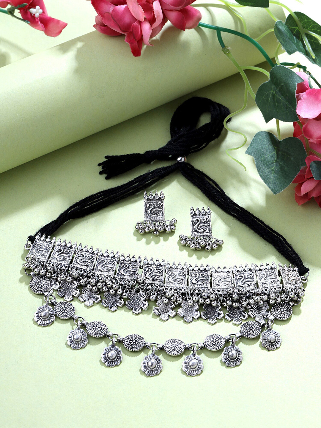 Yellow Chimes Silver Oxidised Swan design Dual Layer Jewellery Set