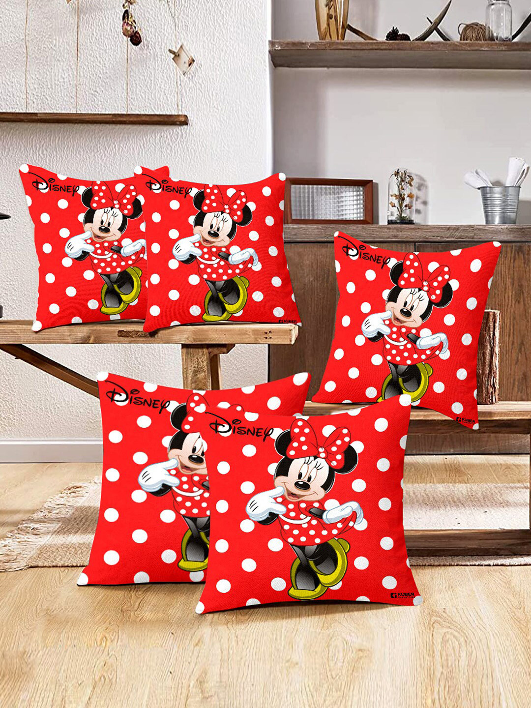 Kuber Industries 5 Piece Red & White Printed Polyester Square Cushions