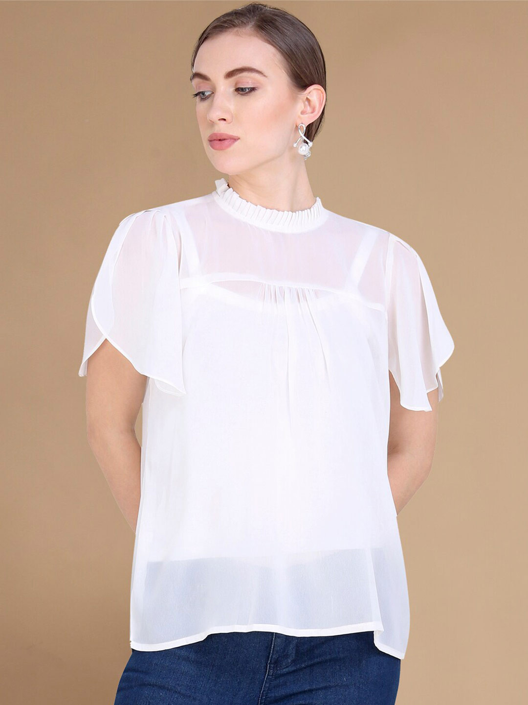 KALINI High Neck Slit Sleeves Georgette Top