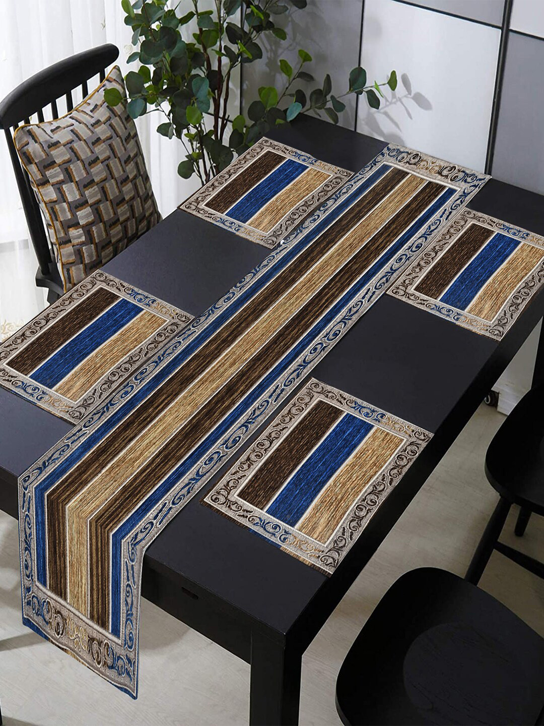 Kuber Industries Set of 7 Blue & Brown Printed 1 Pcs Table Runner With 6-Pcs Placements