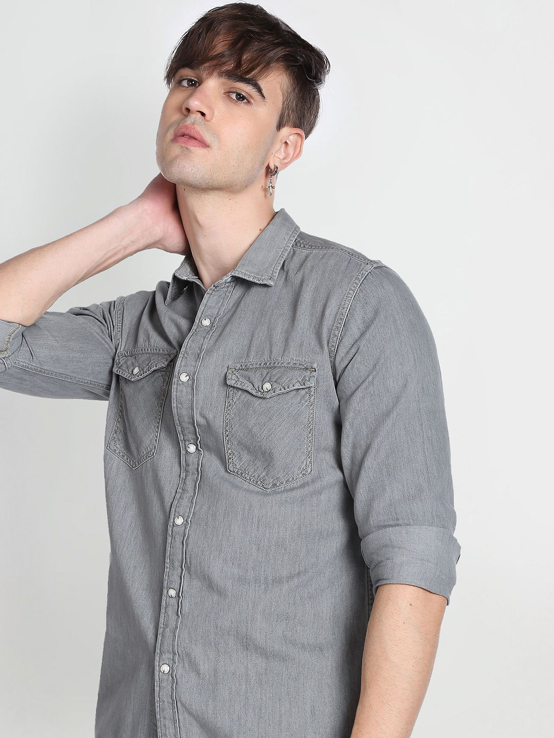 Flying Machine Spread Collar Twill Denim Casual Slim FIt Shirt