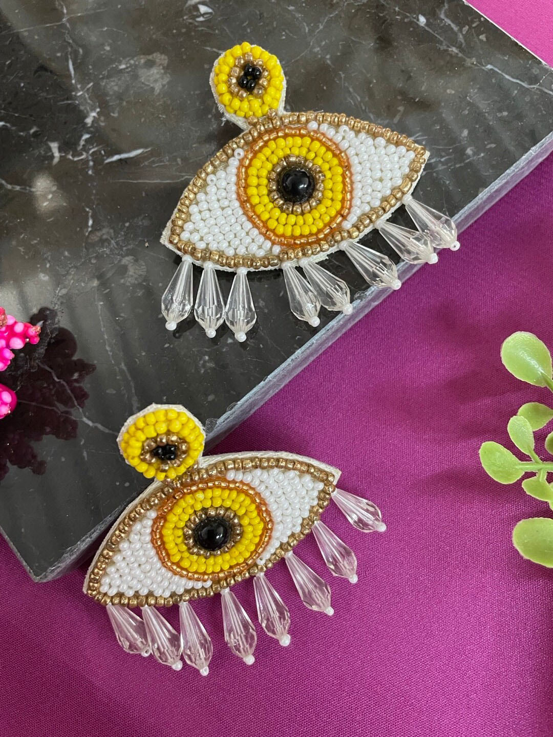 Digital Dress Room Beaded Evil Eye Oval Drop Earrings