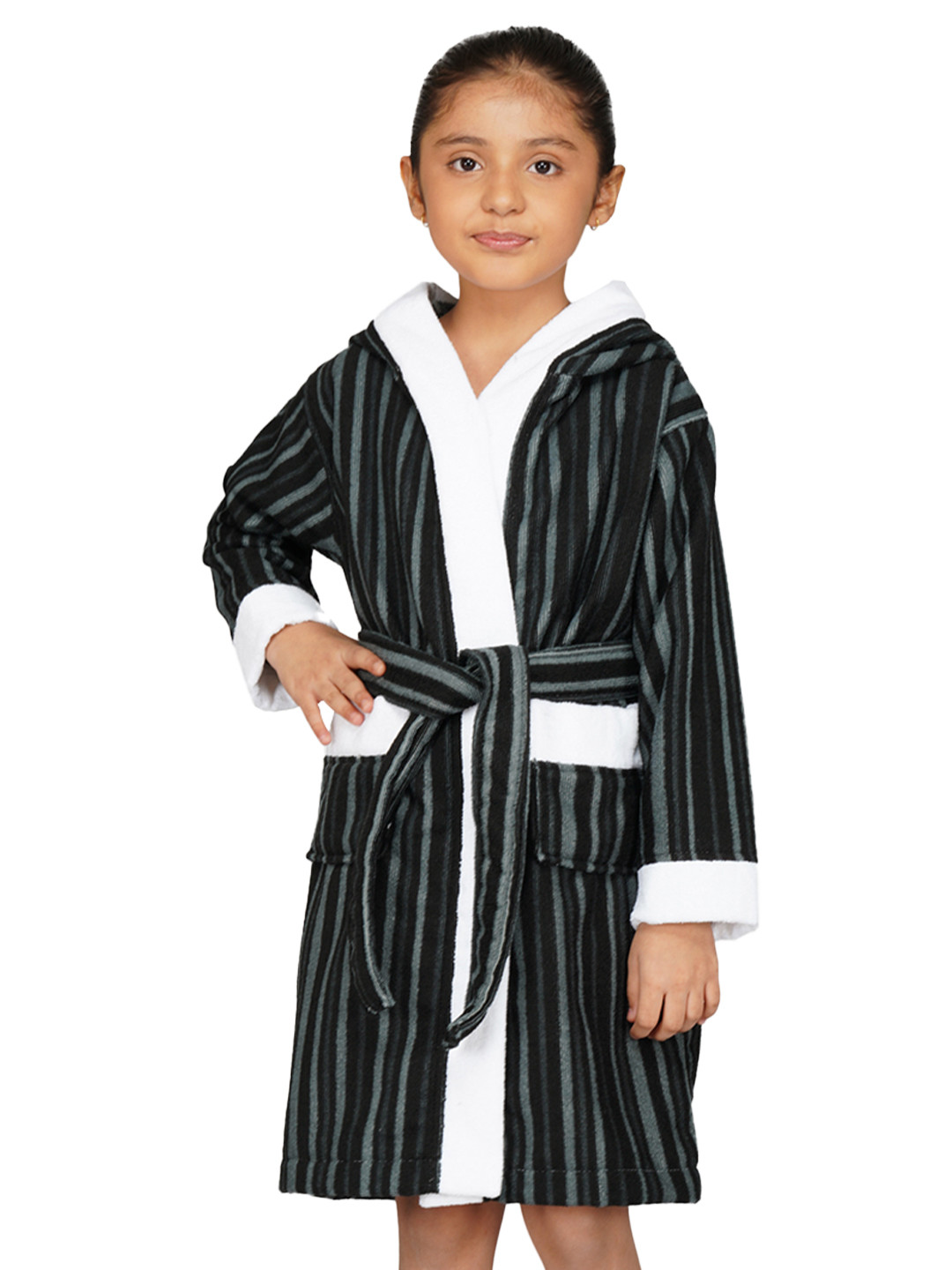 RANGOLI Soft Red Striped Cotton Drawstring Knee Length Bath Robe