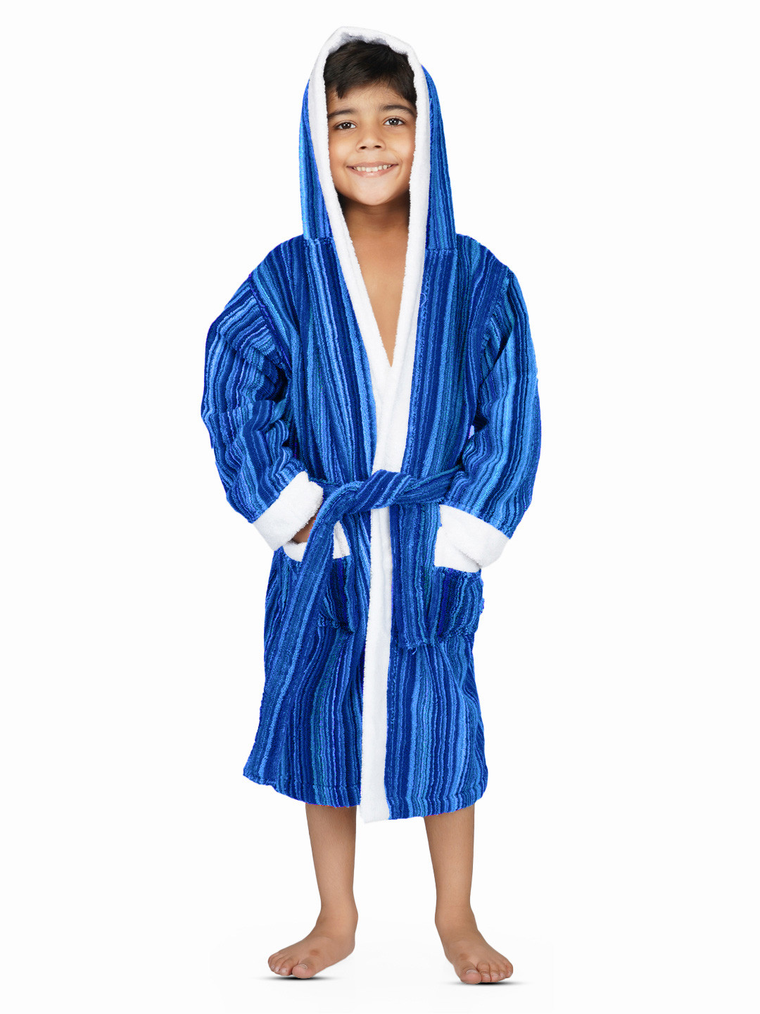 RANGOLI Soft Blue Striped Cotton Drawstring Knee Length Bath Robe