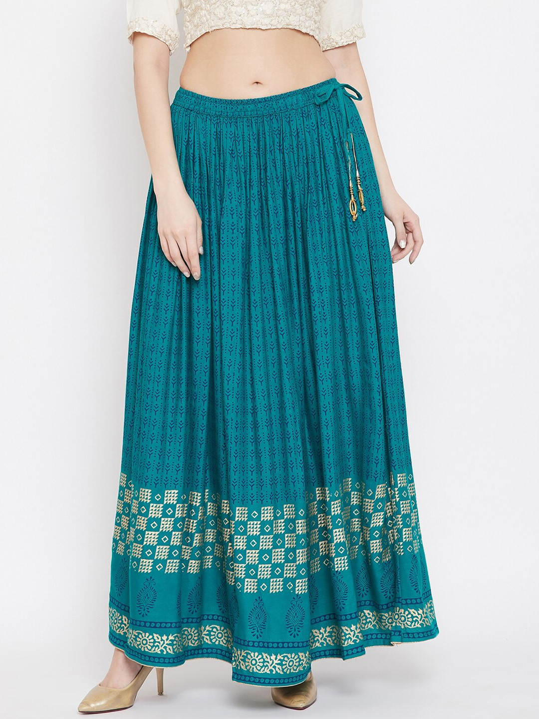 Clora Creation Printed Flared Maxi Drawstring No Slit Skirt