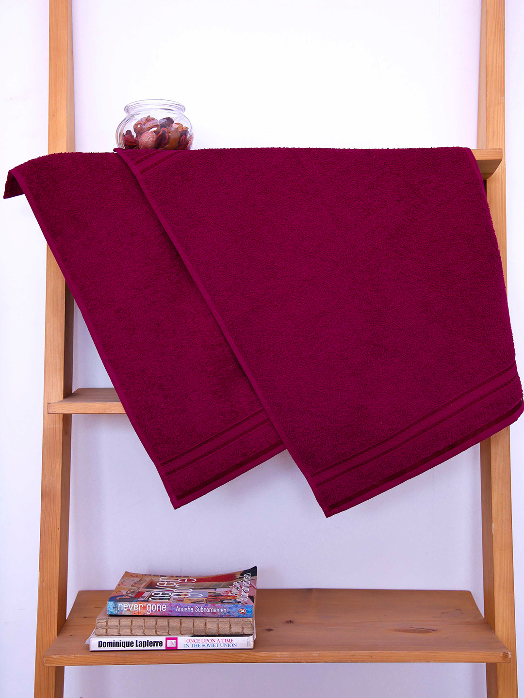 Ariana Purple 2 Pcs Side Striped 500 GSM Cotton Quick Dry Hand Towels