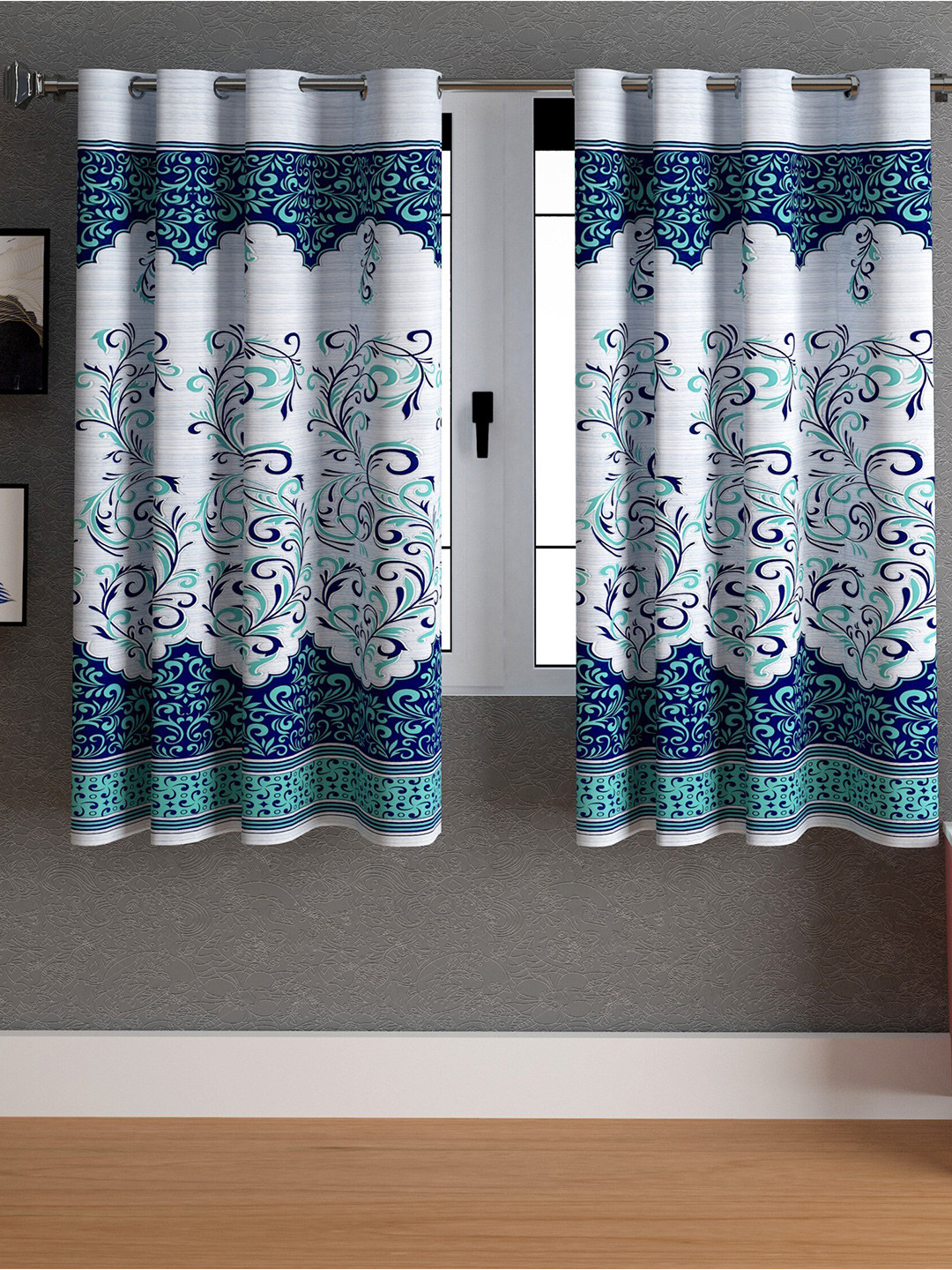 LA VERNE Blue & Green 2 Pieces Floral Window Curtains