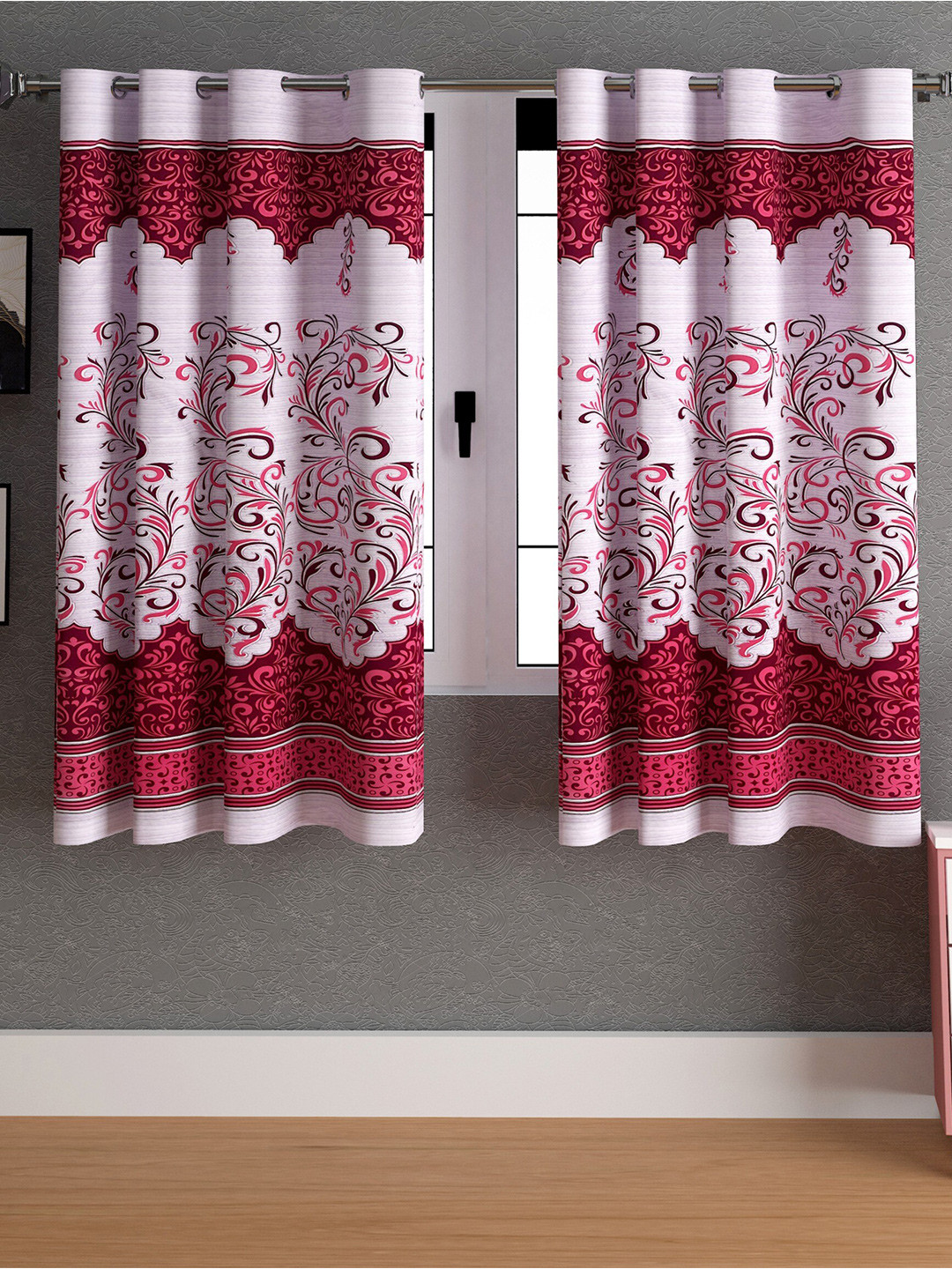 LA VERNE Maroon & White 2 Pieces Ethnic Printed Motifs Window Curtains