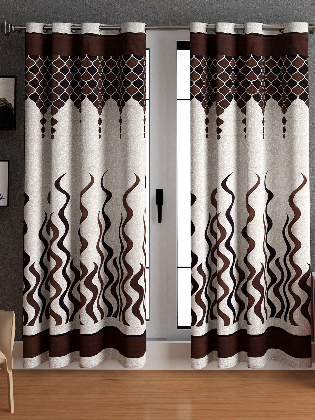 LA VERNE Brown & White 2 Pieces Abstract Door Curtains