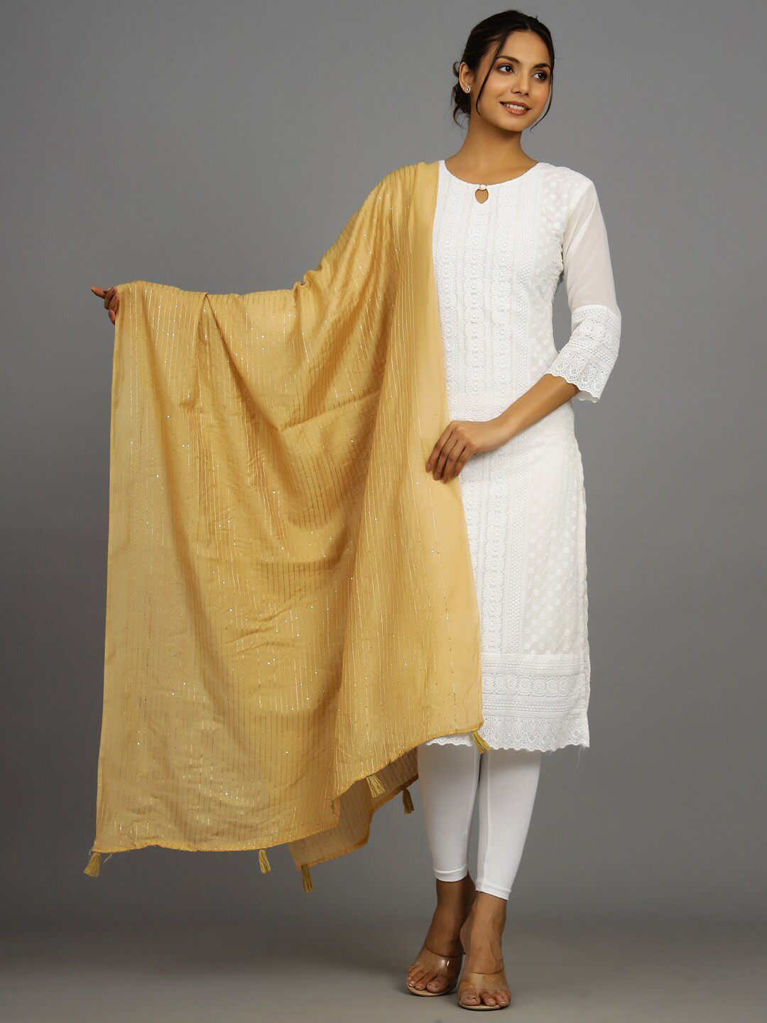 HANDICRAFT PALACE Striped Embroidered Dupatta with Sequinned
