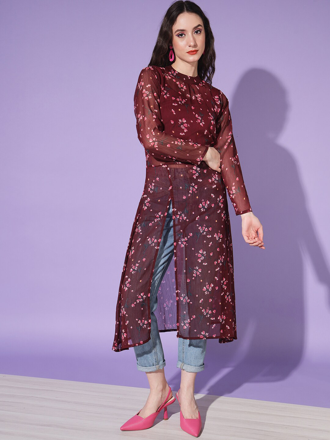 WoowZerz Floral Printed Front Slit Kurta