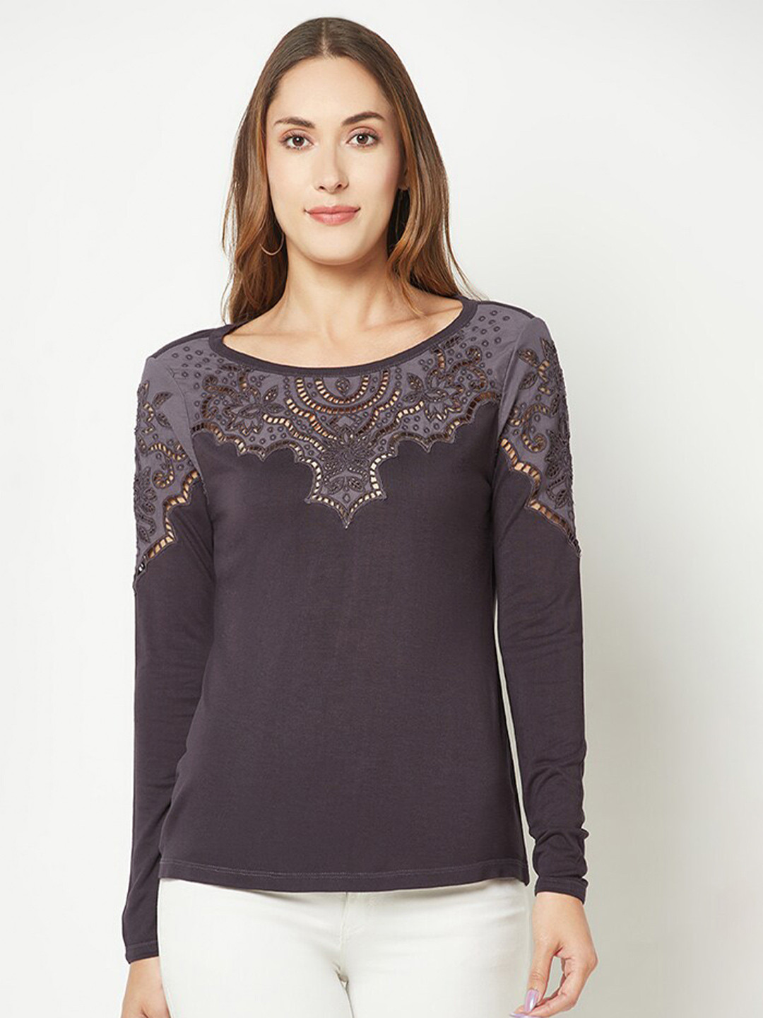 HOUSE OF S Self Design Floral Boat Neck Cotton Top