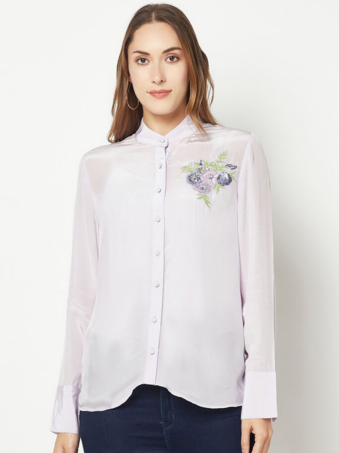 HOUSE OF S Mandarin Collar Knitted Silk Casual Shirt