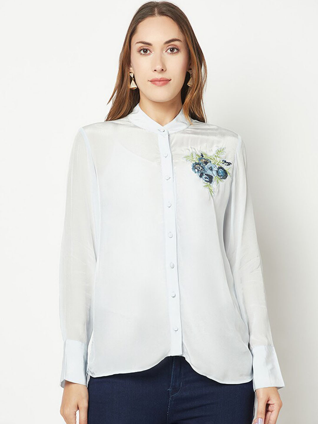HOUSE OF S Mandarin Collar Knitted Silk Casual Shirt