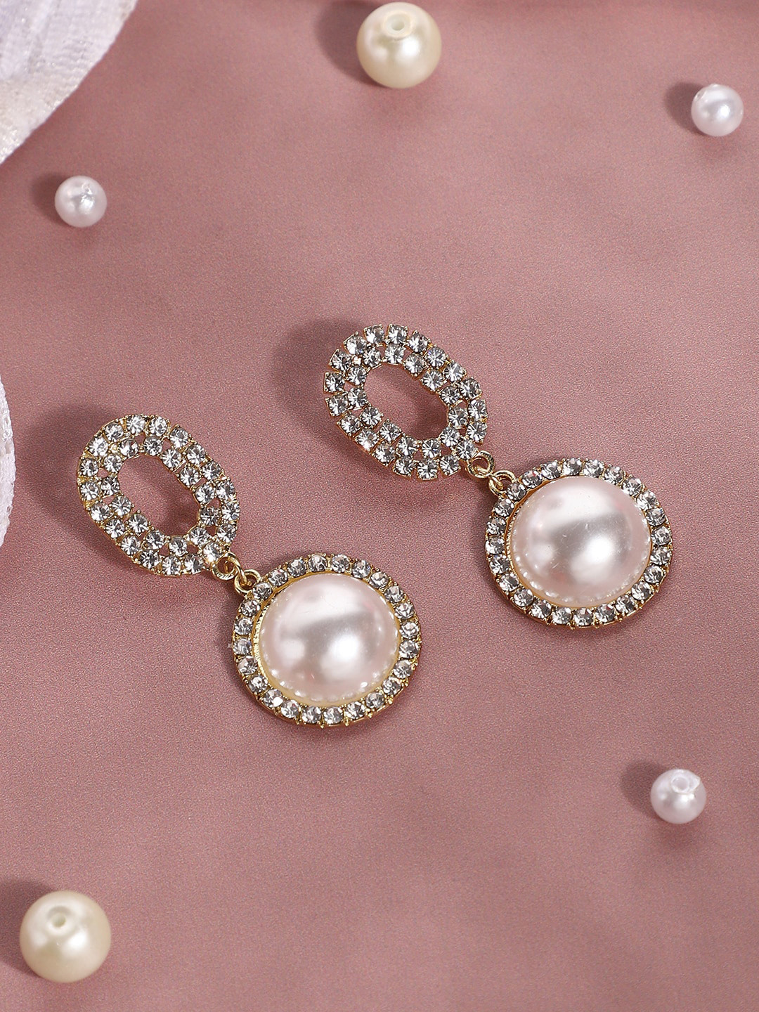 SOHI Gold-Plated Stone-Studded & Beaded Contemporary Drop Earrings