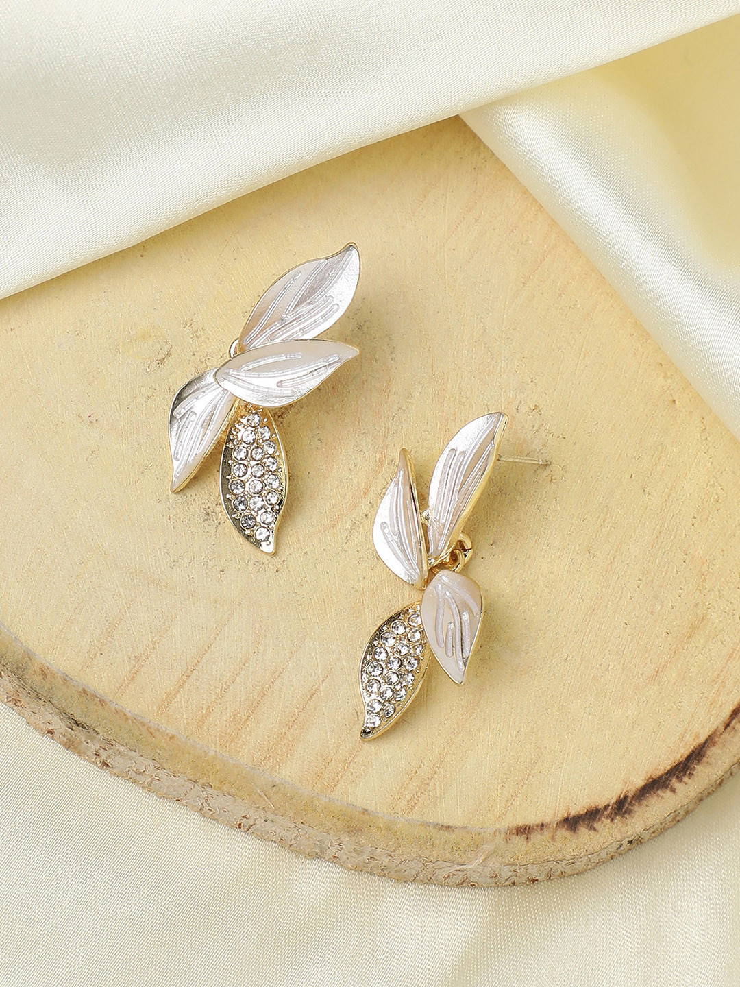 SOHI Gold-Plated Stone-Studded Leaf Shaped Drop Earrings