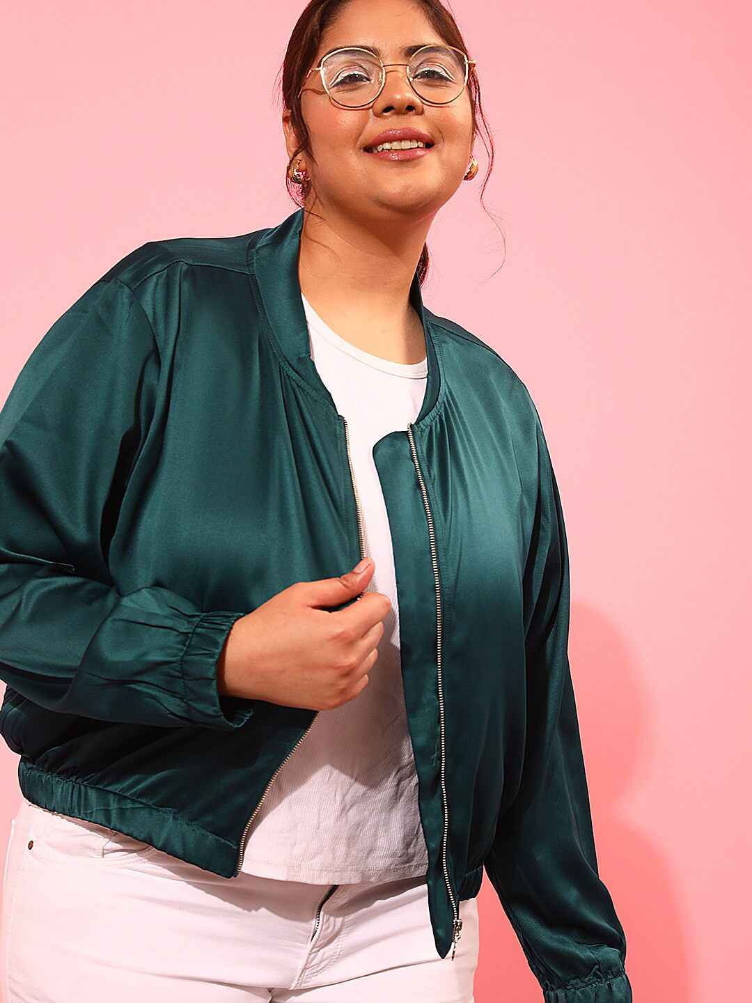 CURVY STREET Plus Size Mock Collar Satin Bomber Jacket
