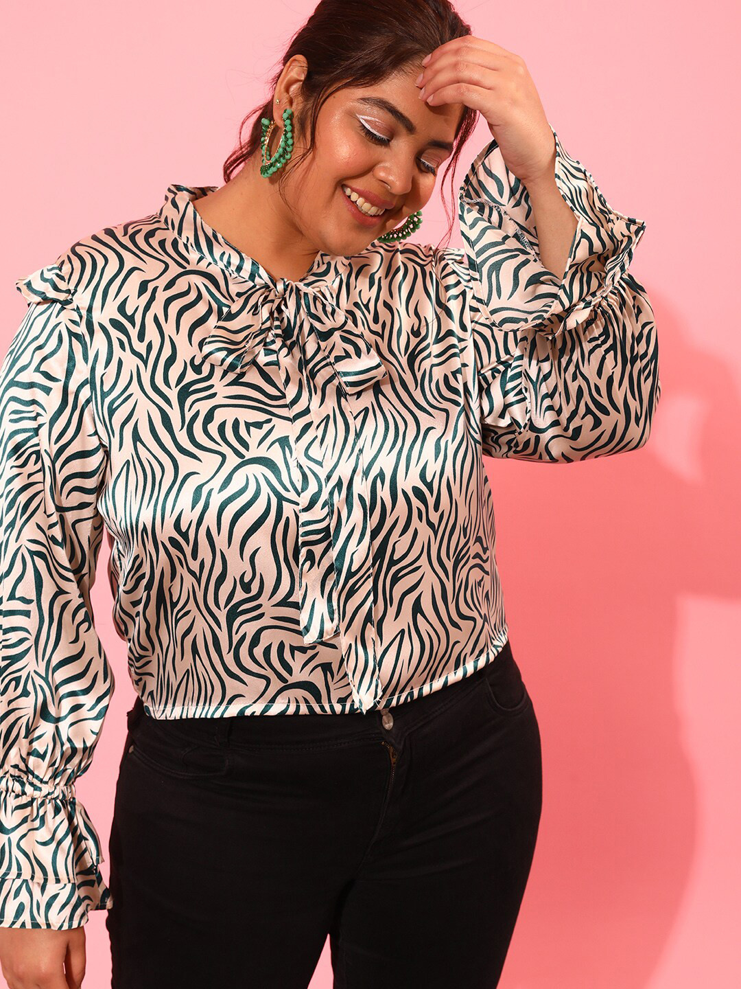 CURVY STREET Animal Printed Tie-Up Neck Top