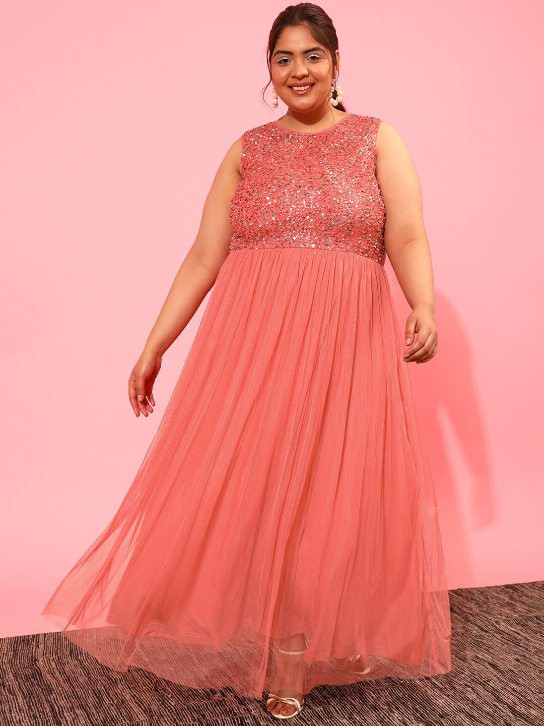 CURVY STREET Embellished Net A-Line Maxi Dress