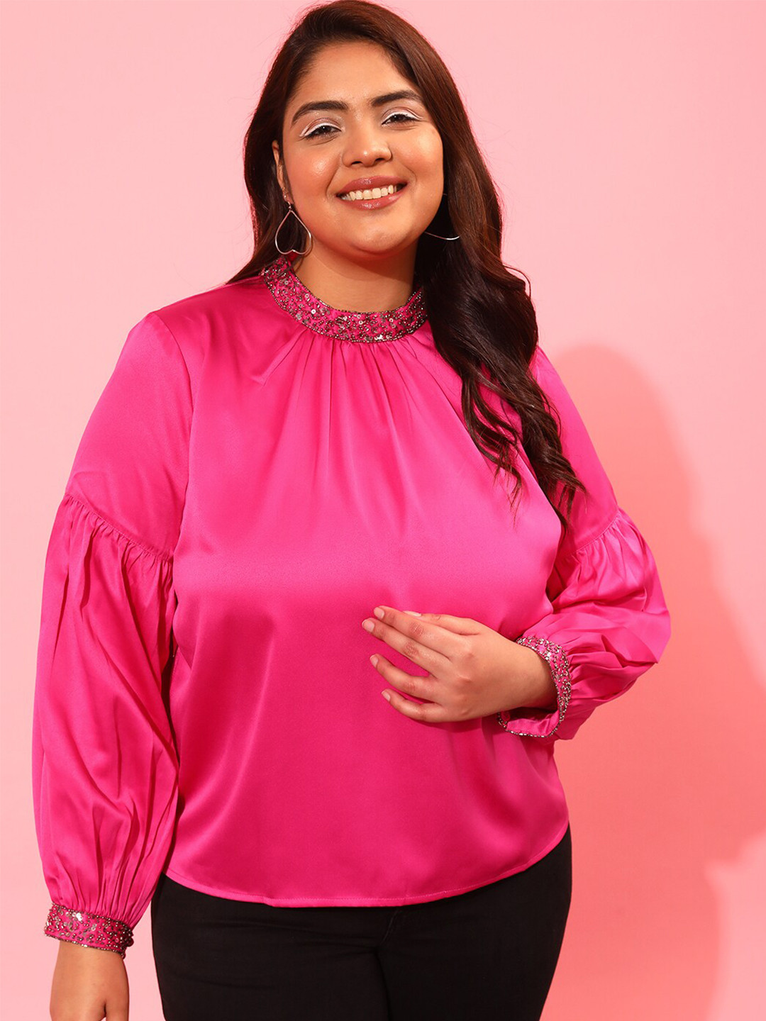 CURVY STREET Round Neck Sequined Regular Top