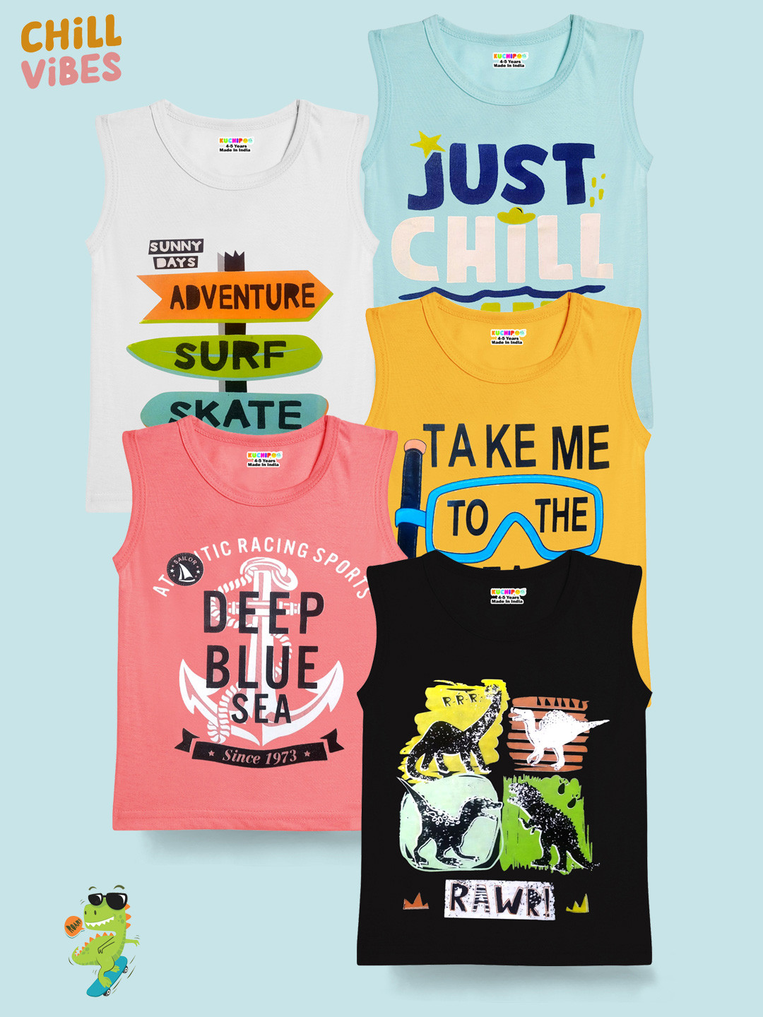KUCHIPOO Boys Pack Of 5 Typography Printed T-shirt