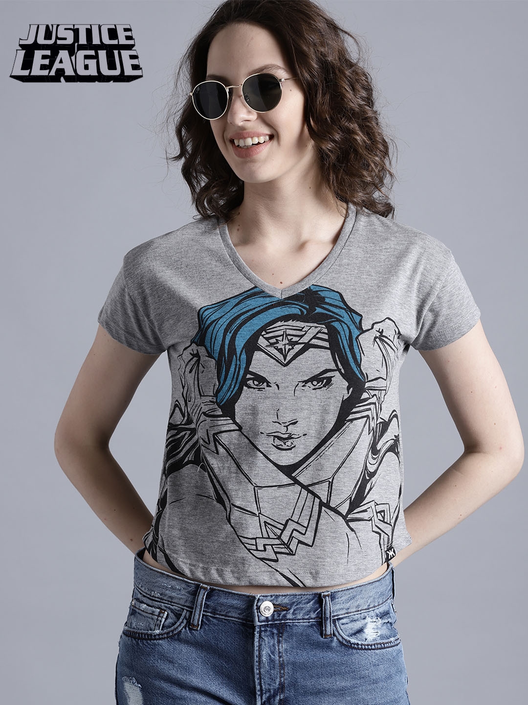 Wonder Woman Women Grey Printed V Neck T shirt