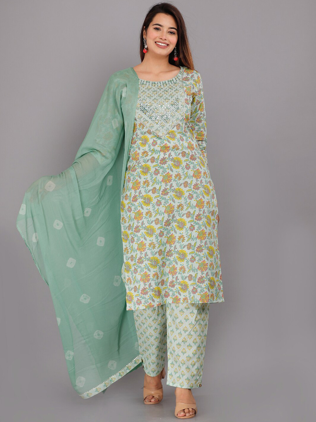 HIGHLIGHT FASHION EXPORT Floral Printed Sequins Pure Cotton Kurta with Trousers & Dupatta