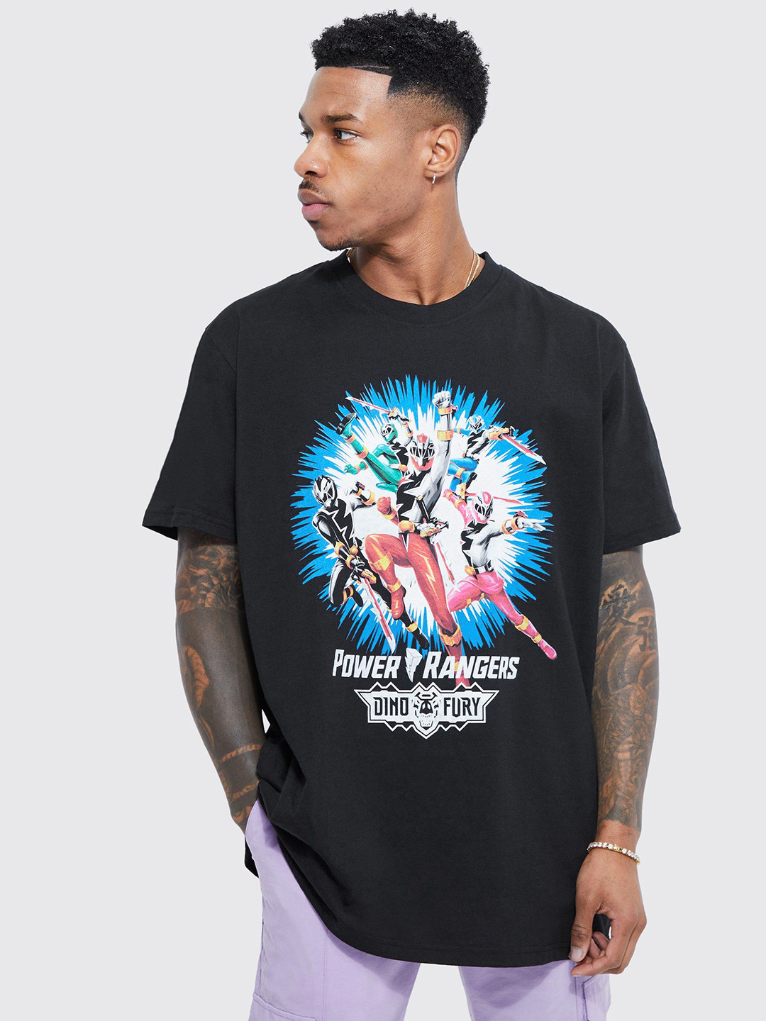 boohooMAN Oversized Power Rangers Printed Drop-Shoulder Sleeves Pure Cotton T-shirt