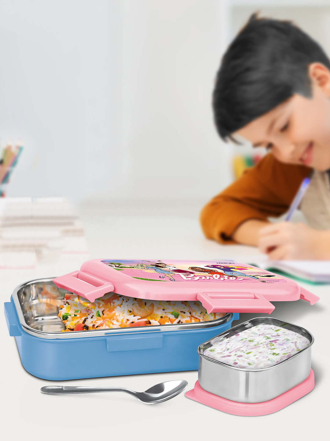 Milton Flatmate Barbie Plastic Microwave Safe 3PCs Lunch Box With Spoon and Fork