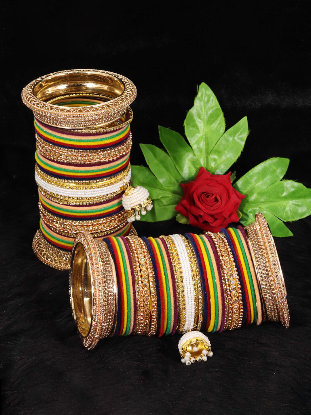 NMII 82 Pcs Zircon Studded & Pearls Beaded Latkan Velvet Chuda Antique Bangles