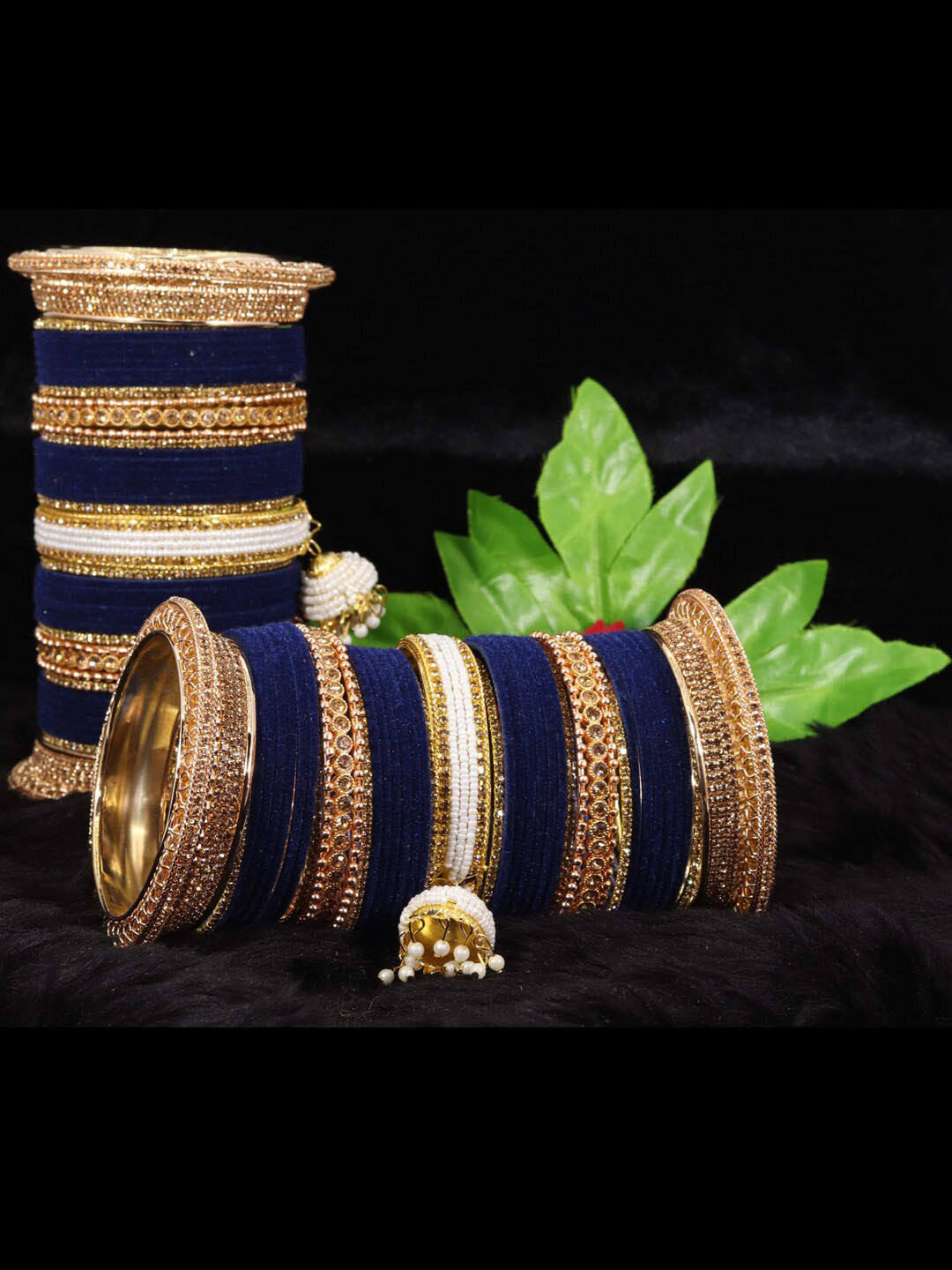 NMII 82 Pcs Zircon Studded & Pearls Beaded Latkan Velvet Chuda Antique Bangles