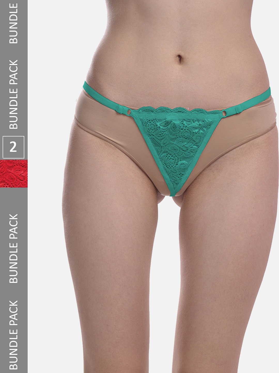 FIMS Women Pack Of 2 Anti Microbial Low Rise Thong Briefs Net_Thong_Panty_GreenRed_FS