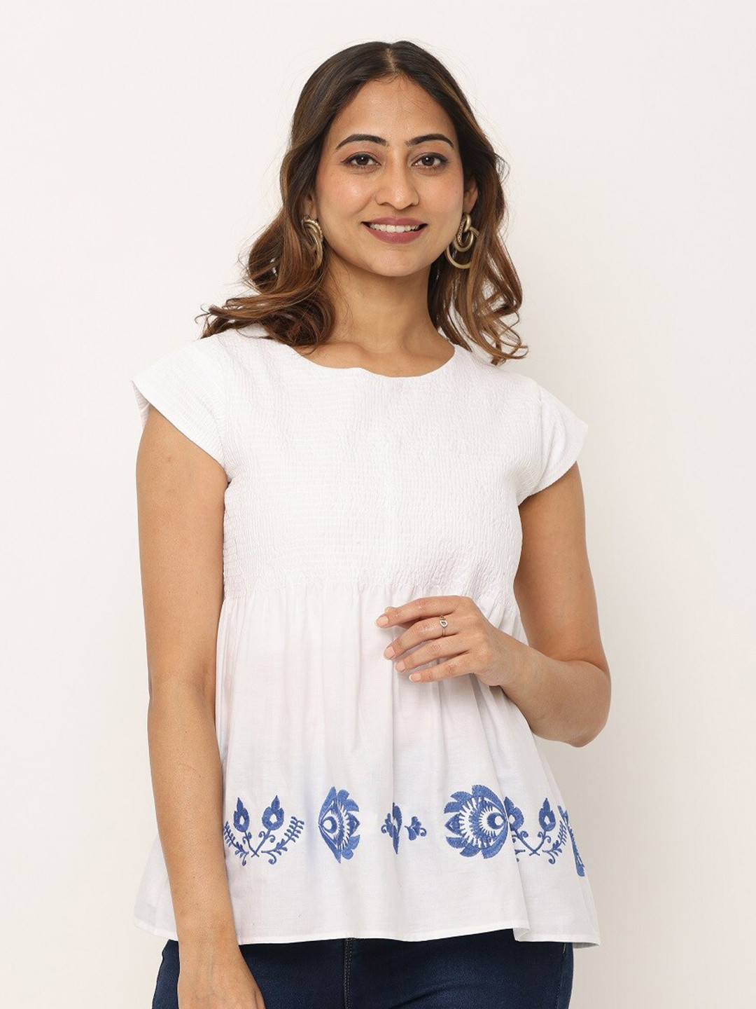 GLORY & I Floral Embroidery Smocked Cotton Top