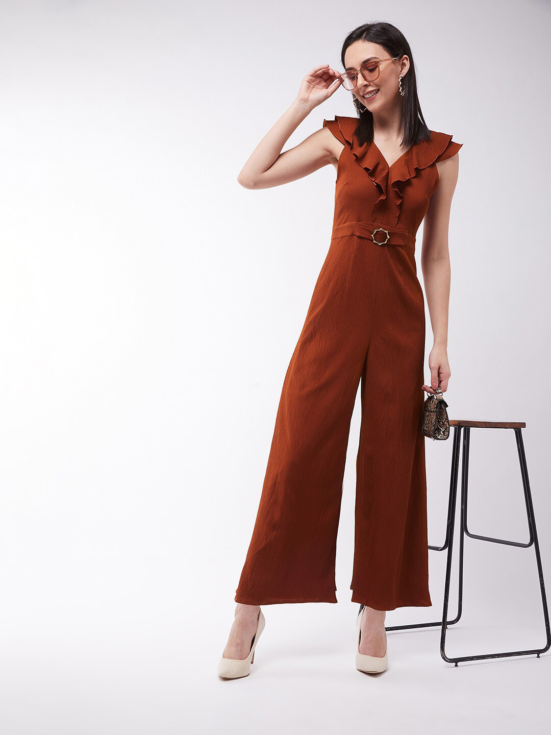 Miss Chase V-Neck Frilled Basic Jumpsuit