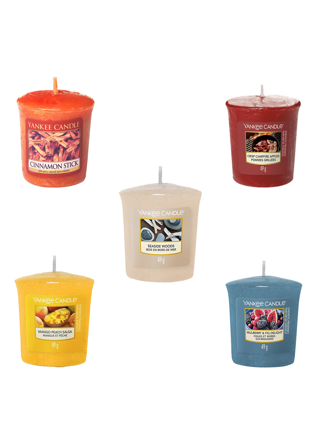 YANKEE CANDLE Clean Cotton 5Pcs Cinnamon Stick, Crisp Campfire Apples, Mango Peach Salsa, Mulberry & Fig Delight. Pillar Candles