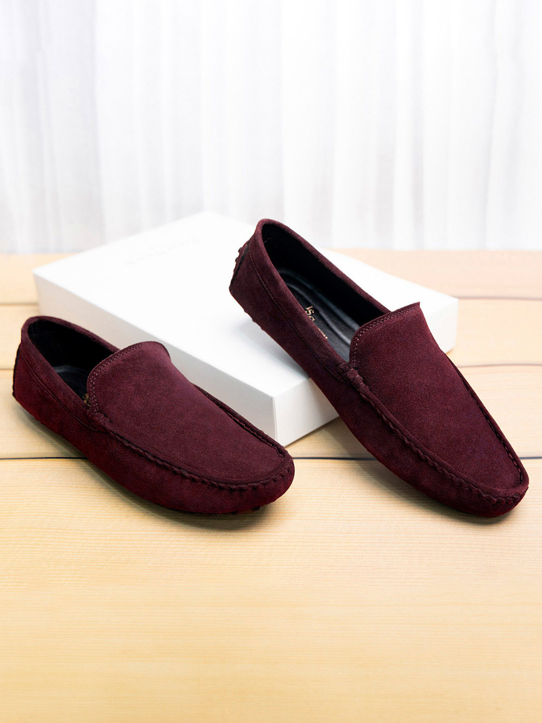 LOUIS STITCH Men Rosewood Italian Suede Leather Handmade Driving Loafers