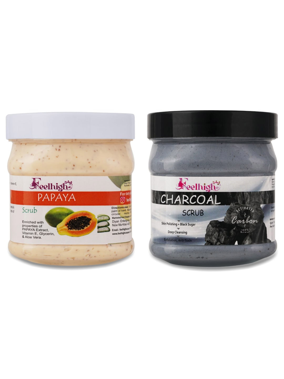 FEELHIGH Set Of 2 Papaya Scrub & Charcoal Scrub For Face & Body Exfoliators 500 ml Each