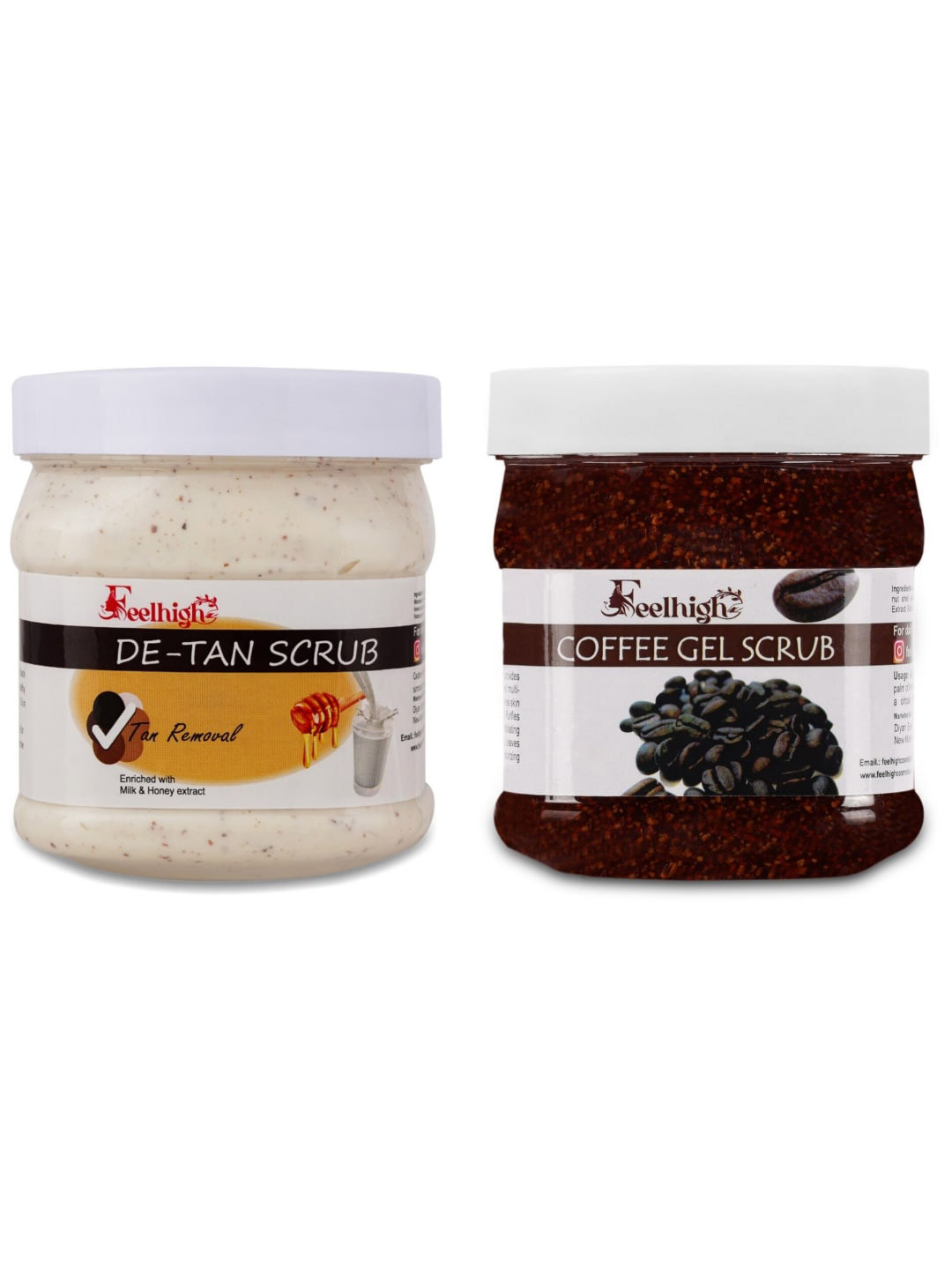 FEELHIGH Set Of 2 De Tan Scrub & Coffee Gel Scrub For Face & Body Exfoliators 500 ml Each