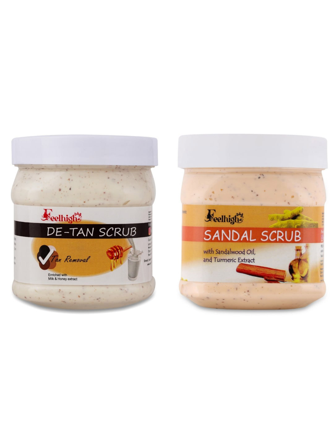 FEELHIGH Set Of 2 De Tan Scrub- Sandal & Turmeric Scrub For Face & Body Exfoliators 500 ml Each