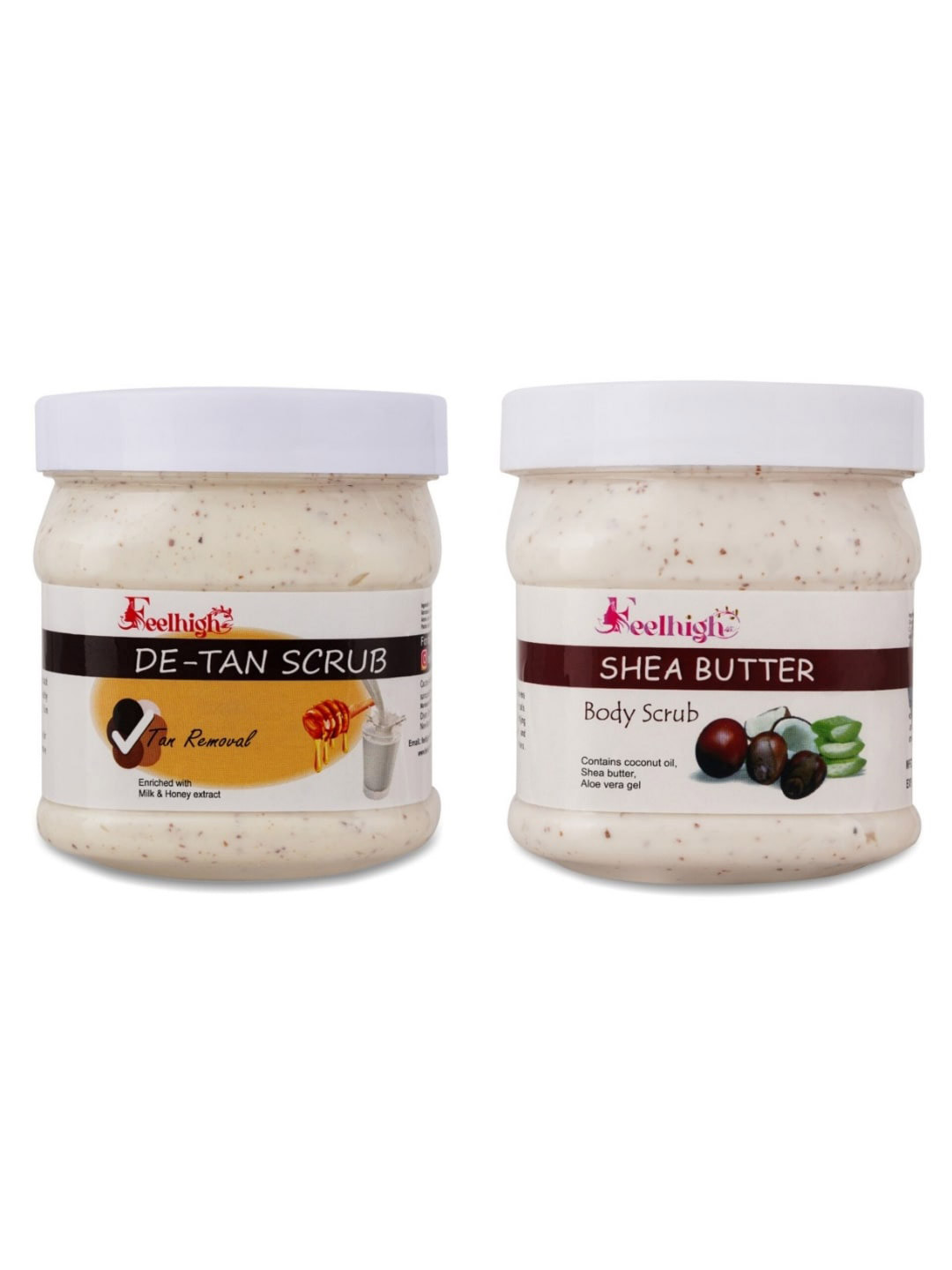 FEELHIGH Set Of 2 De Tan Scrub & Shea Butter Scrub For Face & Body Exfoliators 500 ml Each