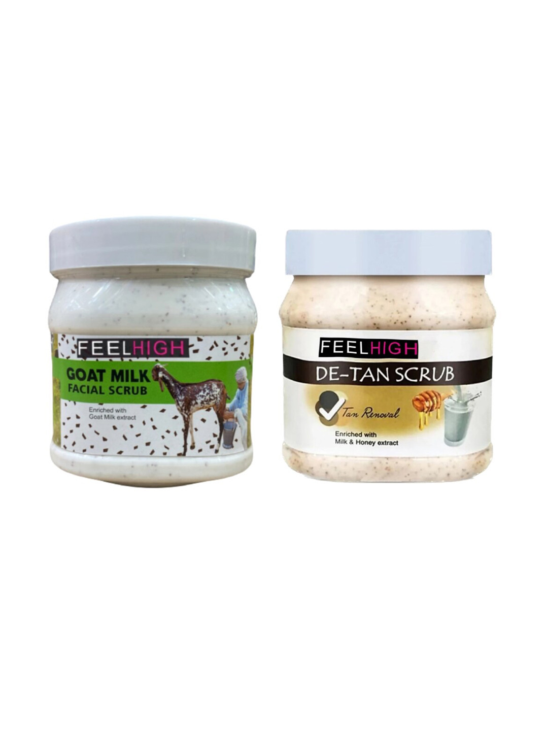 FEELHIGH Set Of 2 De Tan Scrub & Goat Milk Scrub For Face & Body Exfoliators 500 ml Each