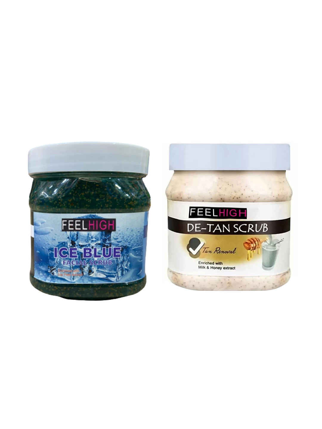 FEELHIGH Set Of 2 De Tan Scrub & Ice Blue Scrub For Face & Body Exfoliators 500 ml Each