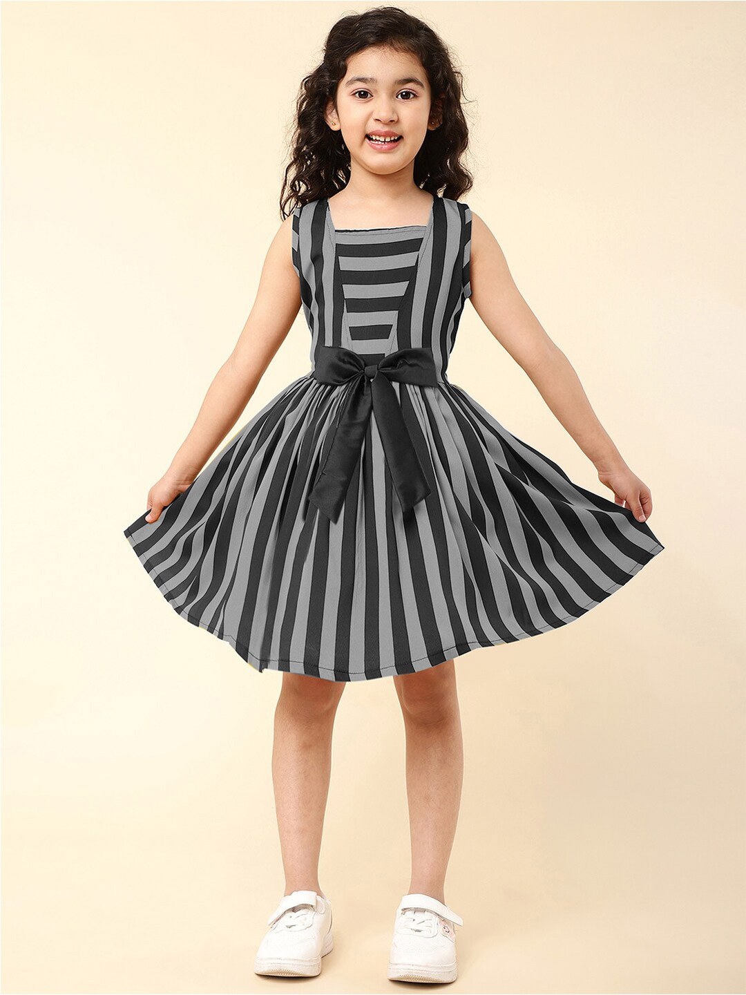 A.T.U.N. Bow Striped Knee Length Fit & Flare Dress