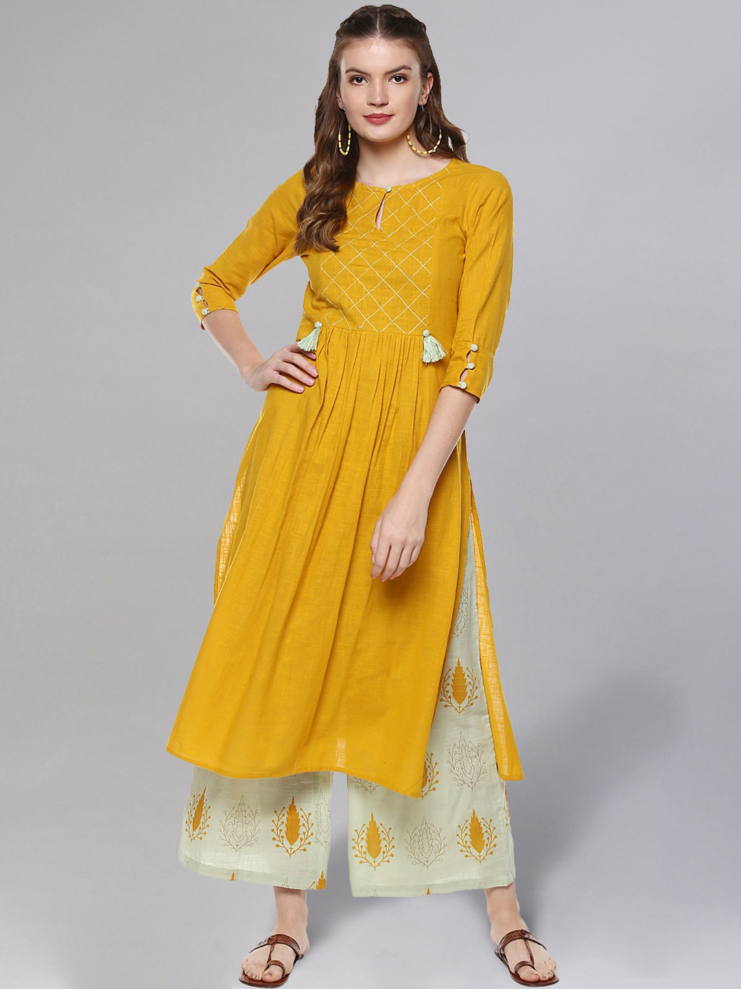 Idalia Plus Size Keyhole Neck Thread Work Pure Cotton Straight Kurta With Palazzos