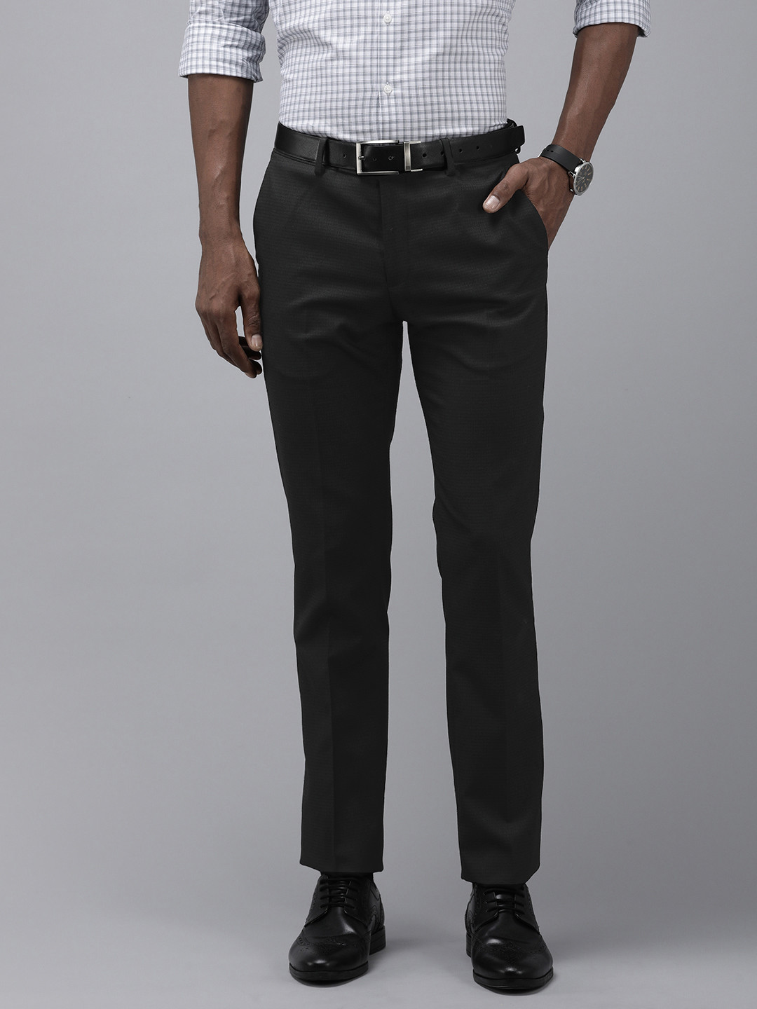 Arrow Men Hudson Mid-Rise Self-Checked Tailored Fit Trousers