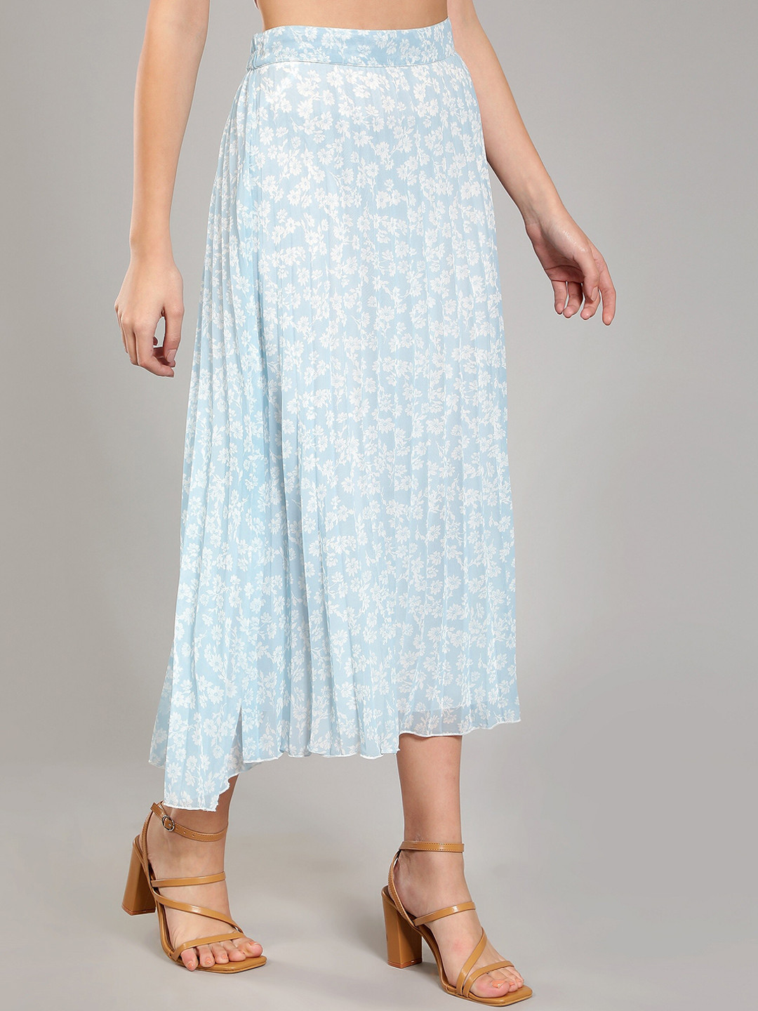 NUEVOSDAMAS Floral Printed Midi Length Accordion Pleated Skirt