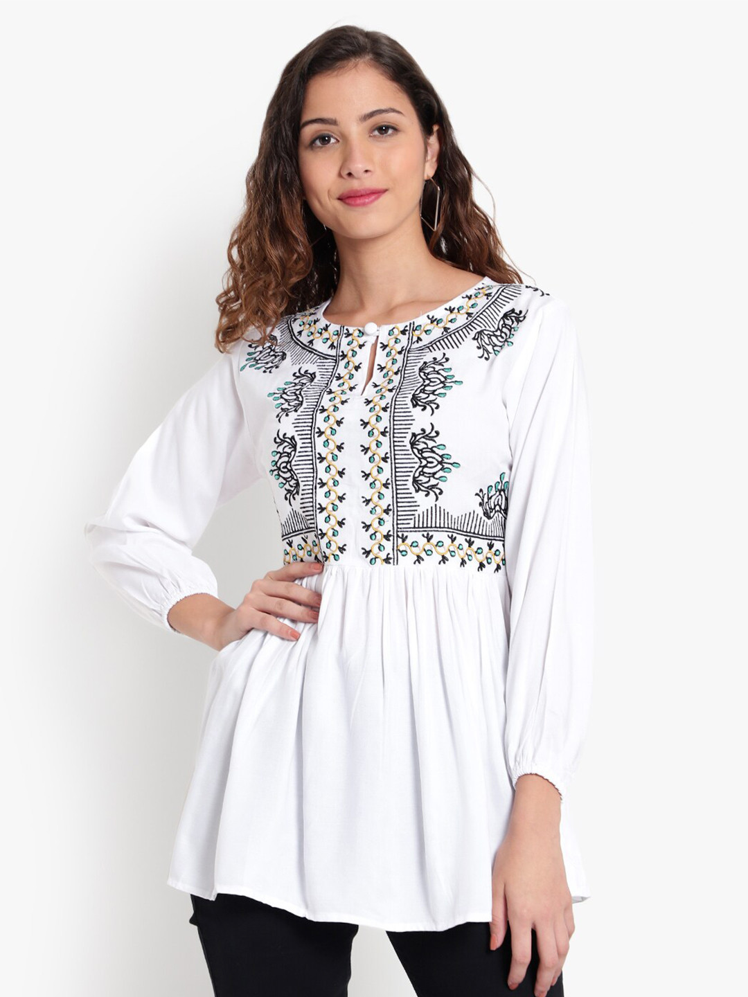 Indietoga Embroidered Regular Fit Rayon Longline Top