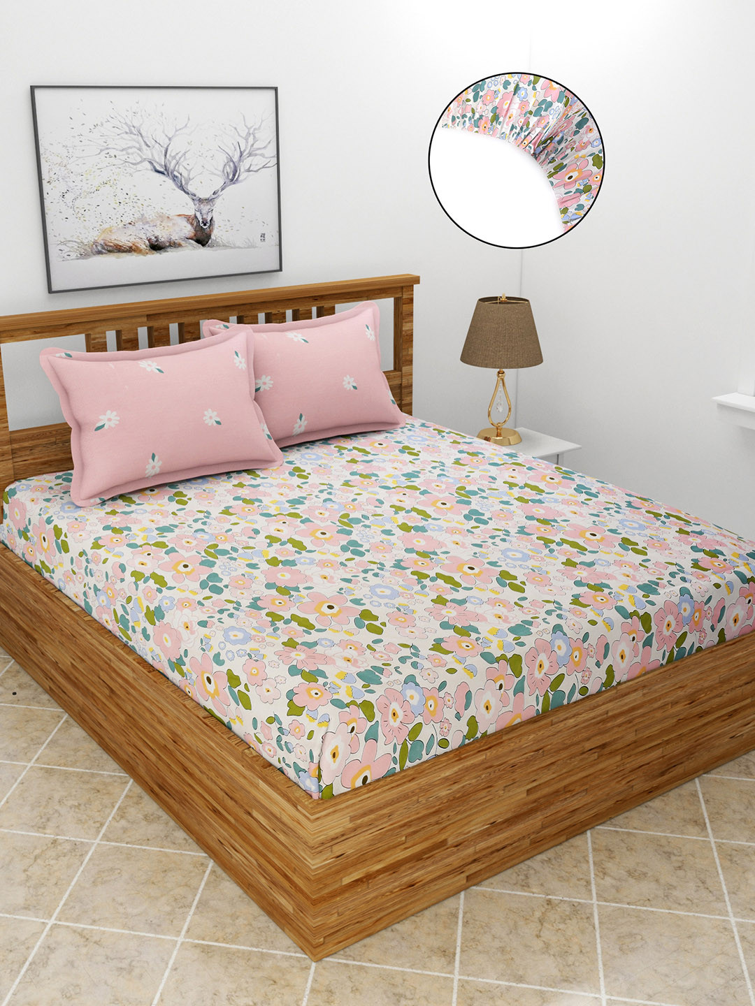 MORADO Saffron_Dbs White Floral Polycotton 210 TC Fitted King Fine Bedsheet with 2 Pillow Covers-72 x 78 inches